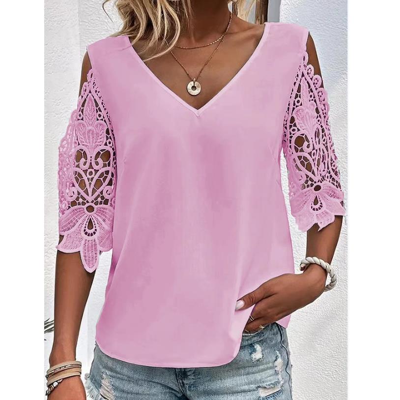 Spot cross-border Amazon Europe and the United States summer new casual sweet solid color V-neck lace half sleeve women's T-shirt
