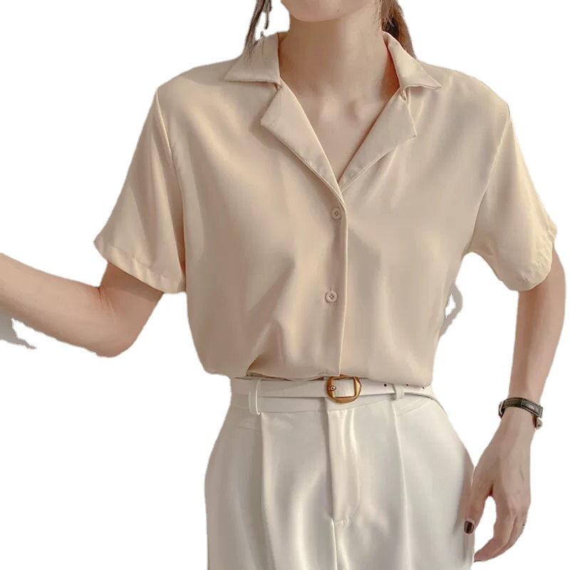 2021 Spring Clothing Academy Style Retro Korean Style Professional Suit Collar Student Summer Short Sleeve Shirt Women's Solid Color Top