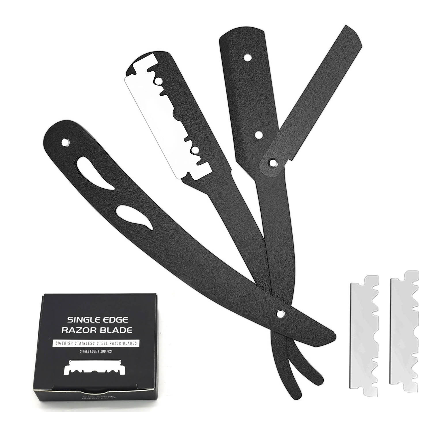 Stainless Steel Barber Knife and 100 Pieces Box of Single-sided Blade Set Folding Shaving Barber Knife and Blade Combination