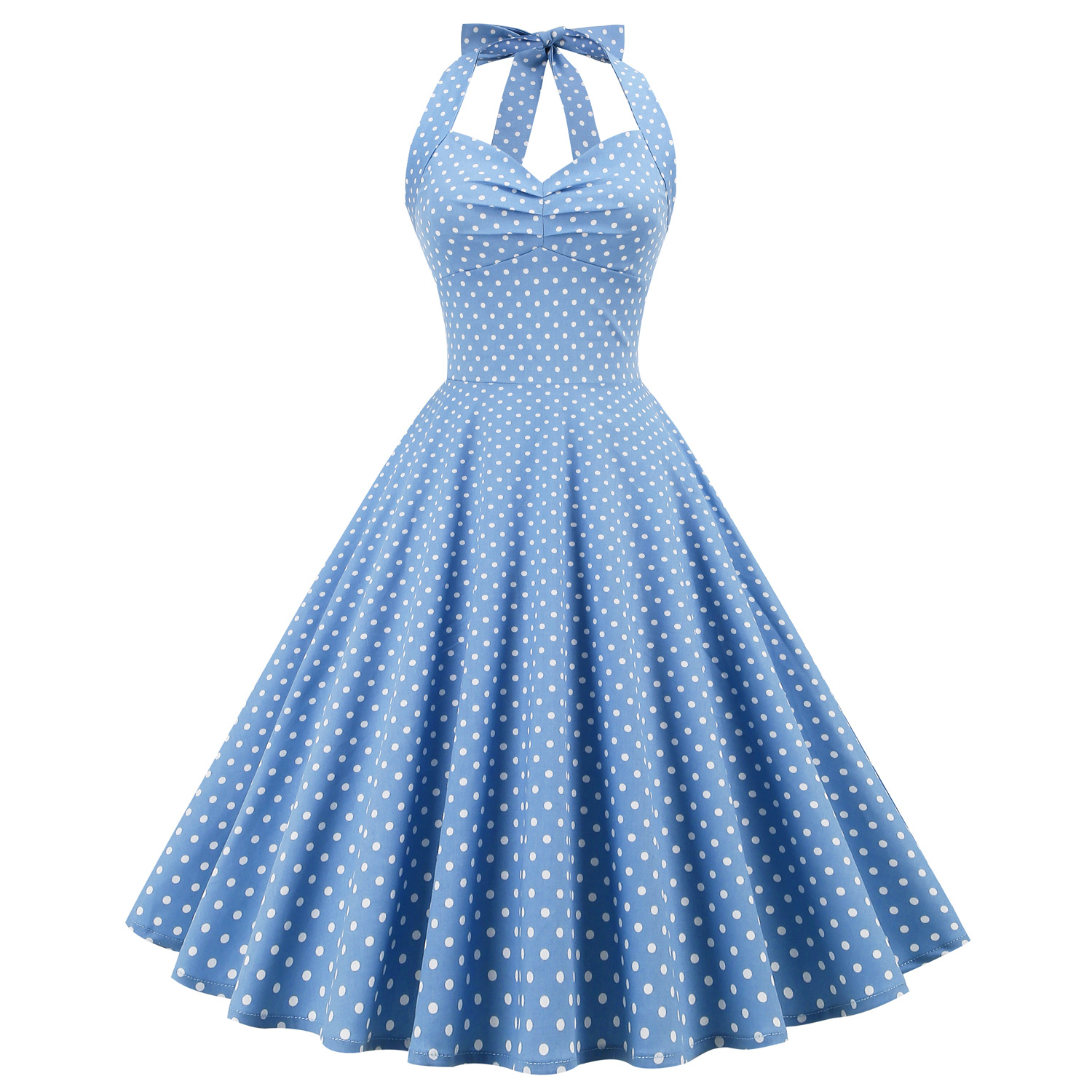 Cross-border Hot Sale Retro Wave Point Hanging Neck Backless Lace-up Slim Slim-fit Waist Palace Large Swing Dress for Women in Europe and America