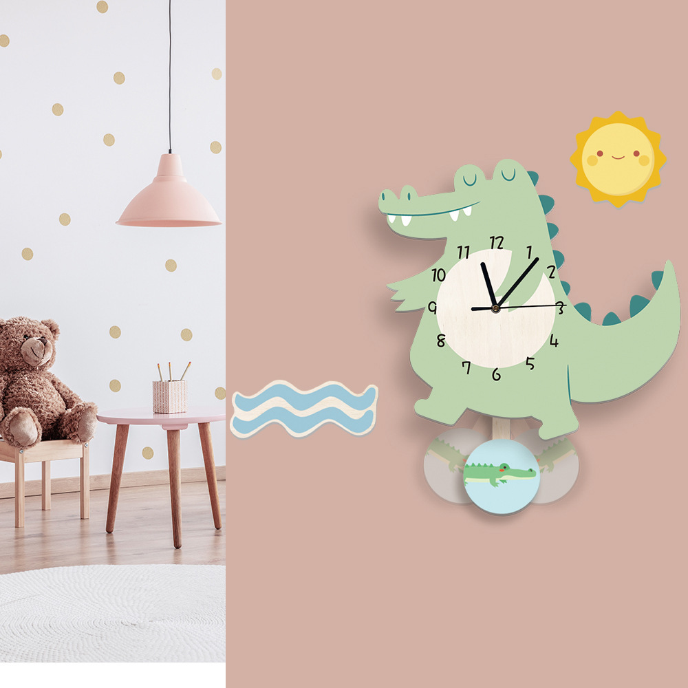 Funlife Nordic Animal Children's Fun Pendulum Clock Cartoon Crocodile Children's Room Silent Creative Wall Clock UWC020
