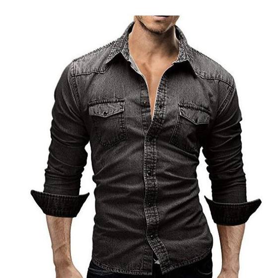 Foreign Trade Cross-border New Men's Long-sleeved Shirt European and American Style Youth Casual Solid Color Stitching Men's Denim Shirt for Men