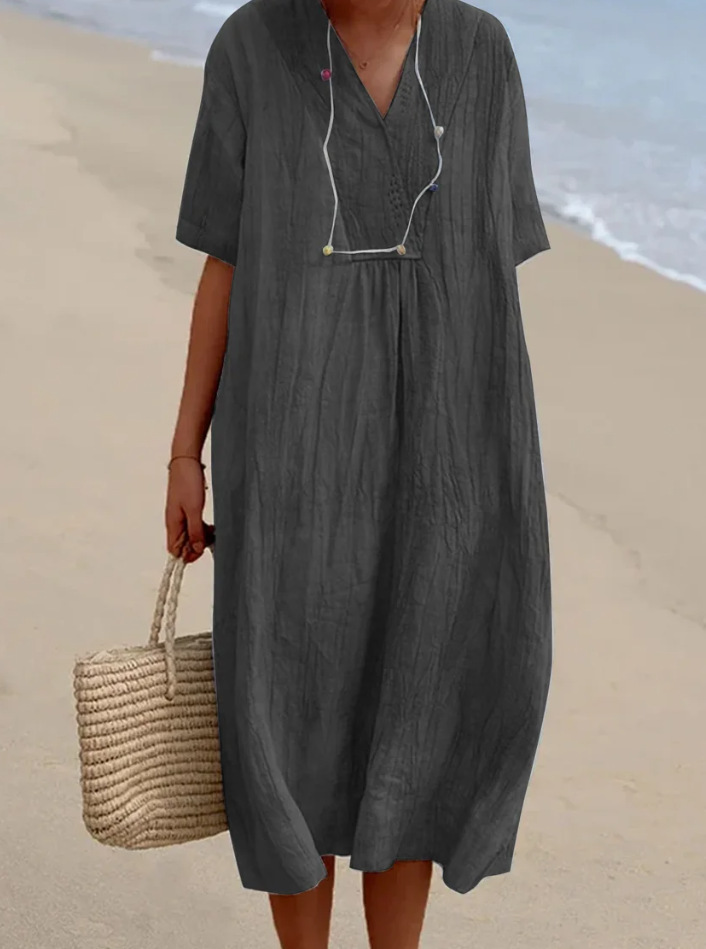 2024 Amazon Explosions Cotton and Linen in stock Women's Solid Color Large V-Collar Fashion dress