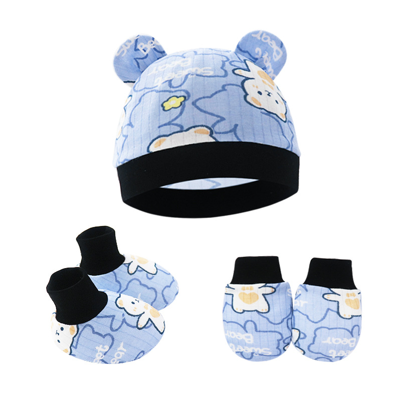 2023 Foreign Trade Newborn Fetal Hat Baby Hat Cotton Printed Anti-scratch Gloves Foot Cover Baby Hat Three-piece Set