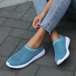 2024 Spring Daifa Cross-border Large Size Casual Sneakers Women's European and American Round-toe Flat Knitted Mesh Casual Shoes