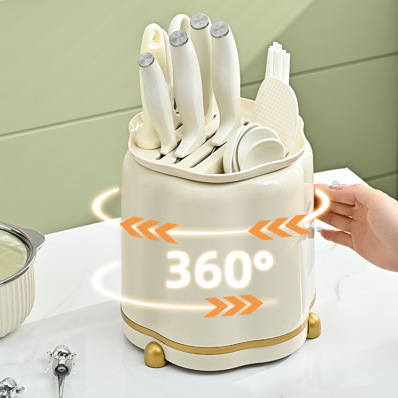 New Kitchen Rotating Knife Holder Light Luxury Cream Style Multifunctional Knife Storage Rack Household Storage Rack Integrated Chopsticks Rack