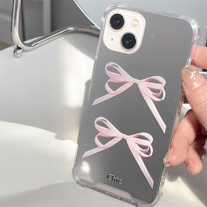 甜美少女櫻花粉蝴蝶結13適用iphone15Promax蘋果14手機殼11鏡面12