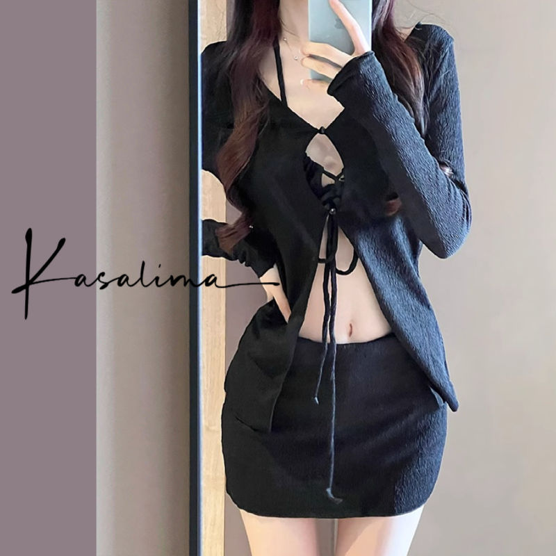 Swimsuit Women's Split Sunscreen Long Sleeve Blouse 2024 Summer New Small Chest Sexy Pure Neck Bikini Seaside White