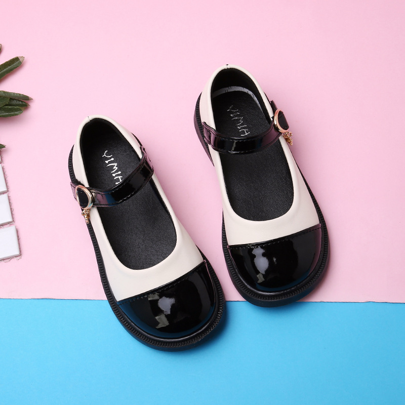 Autumn 2023 New Children's and Girls' Leather Shoes Soft-soled Black Single-layer Shoes Children's Color-matching Little Girl Princess Shoes Trendy