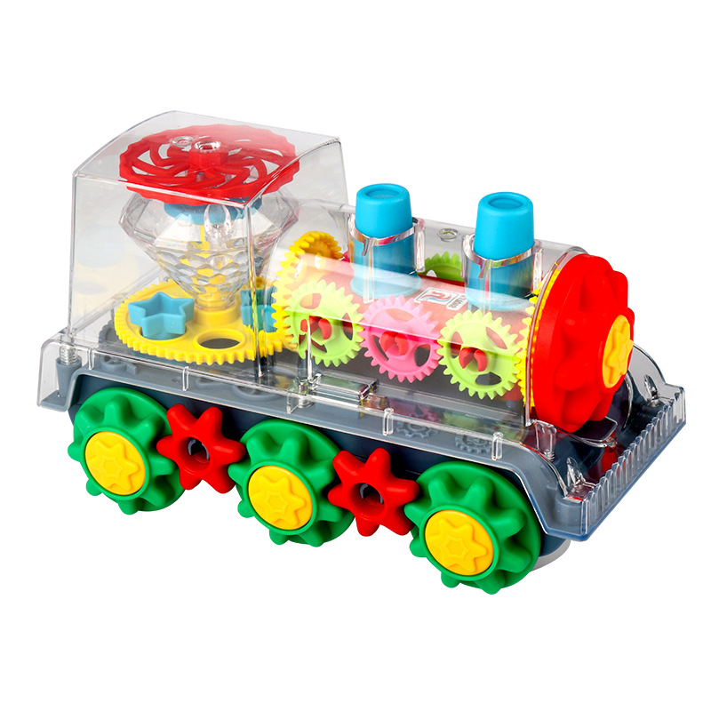 Tiktok same Electric Universal transparent gear train Music light stunt rotating electric train toy