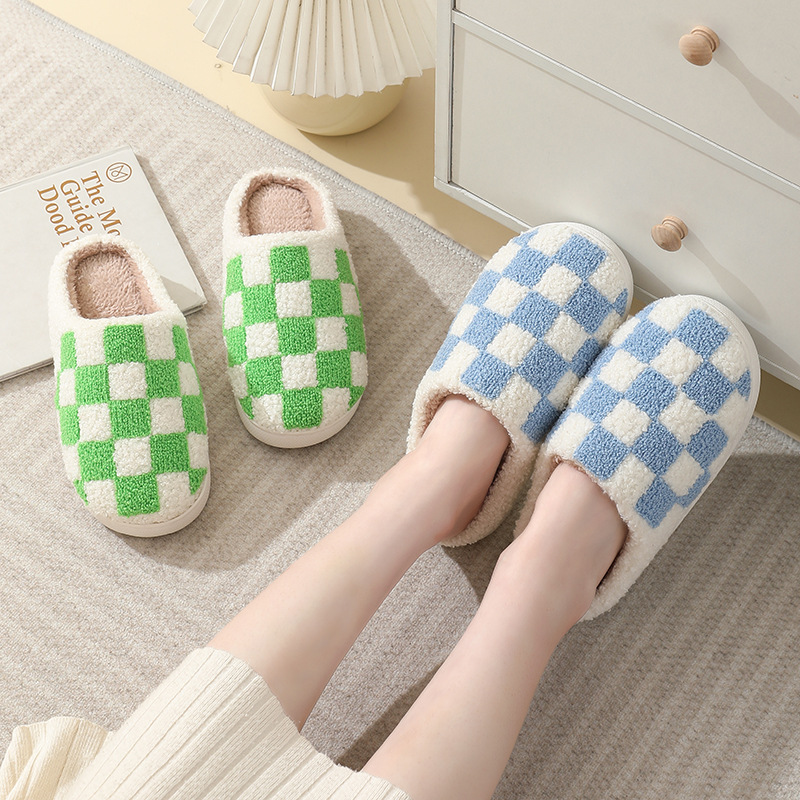 2023 new winter checkerboard cotton slippers for men and women couples indoor home plush warm cotton slippers wholesale