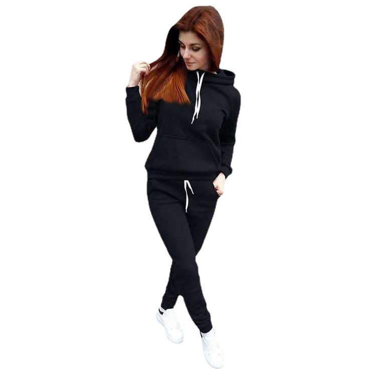 Cross-border European and American women's sweater suit hooded sweater women's fashion sports suit solid color fleece women