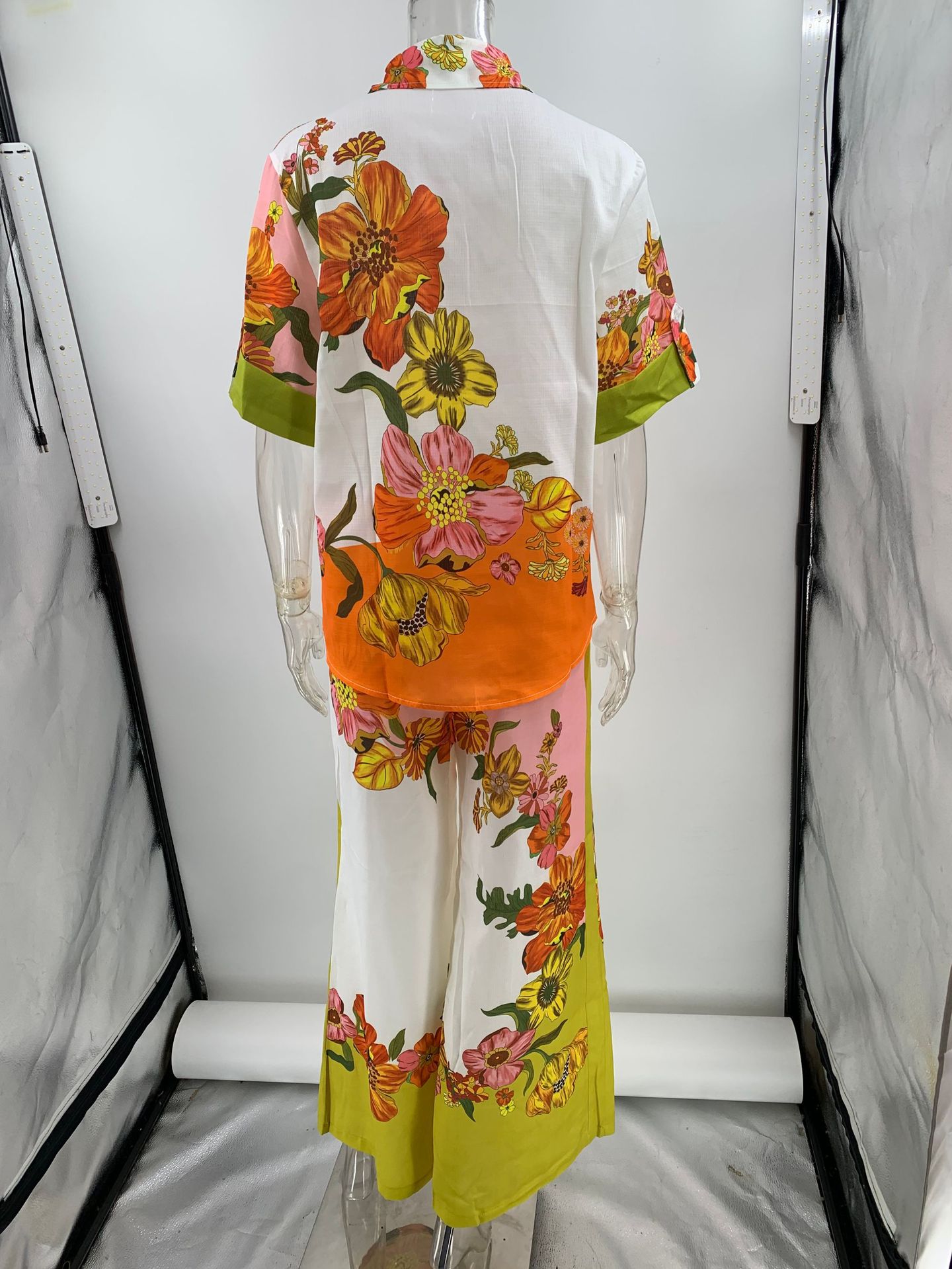 Cross-border independent station 2023 new European and American printed cotton and linen two-piece set suit top + wide leg pants_voghion.com