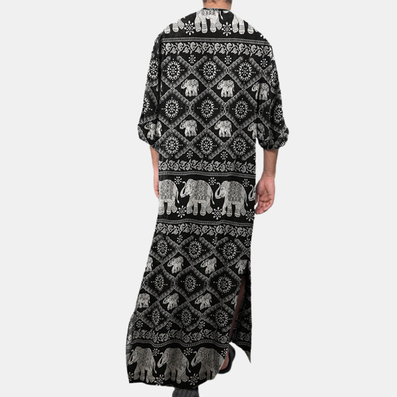 2023 New Southeast Asian Men Casual Oracle Elephant Ethnic Print Long Long Sleeve Robe Dubai Robe