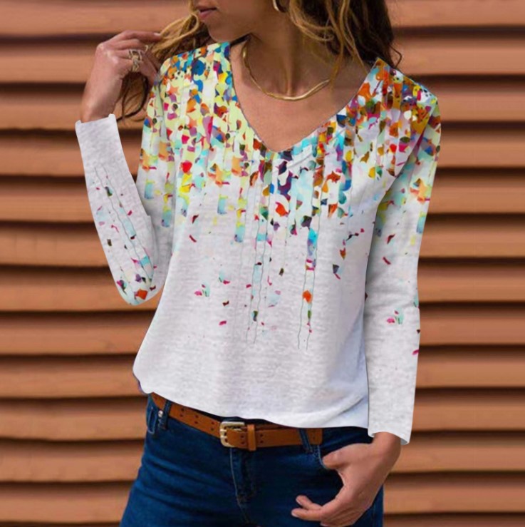 2024 Cross-border Europe and the United States wish Amazon Independent Station Fall/Winter New V-neck Printed Long Sleeve Women's T-shirt Top