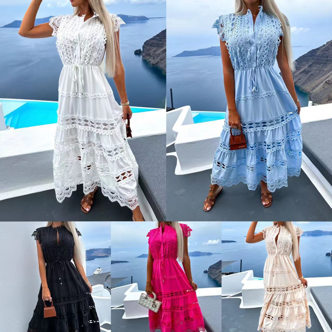 2023 European and American cross-border AliExpress women's clothing new fashion lace waist lace stitching long dress