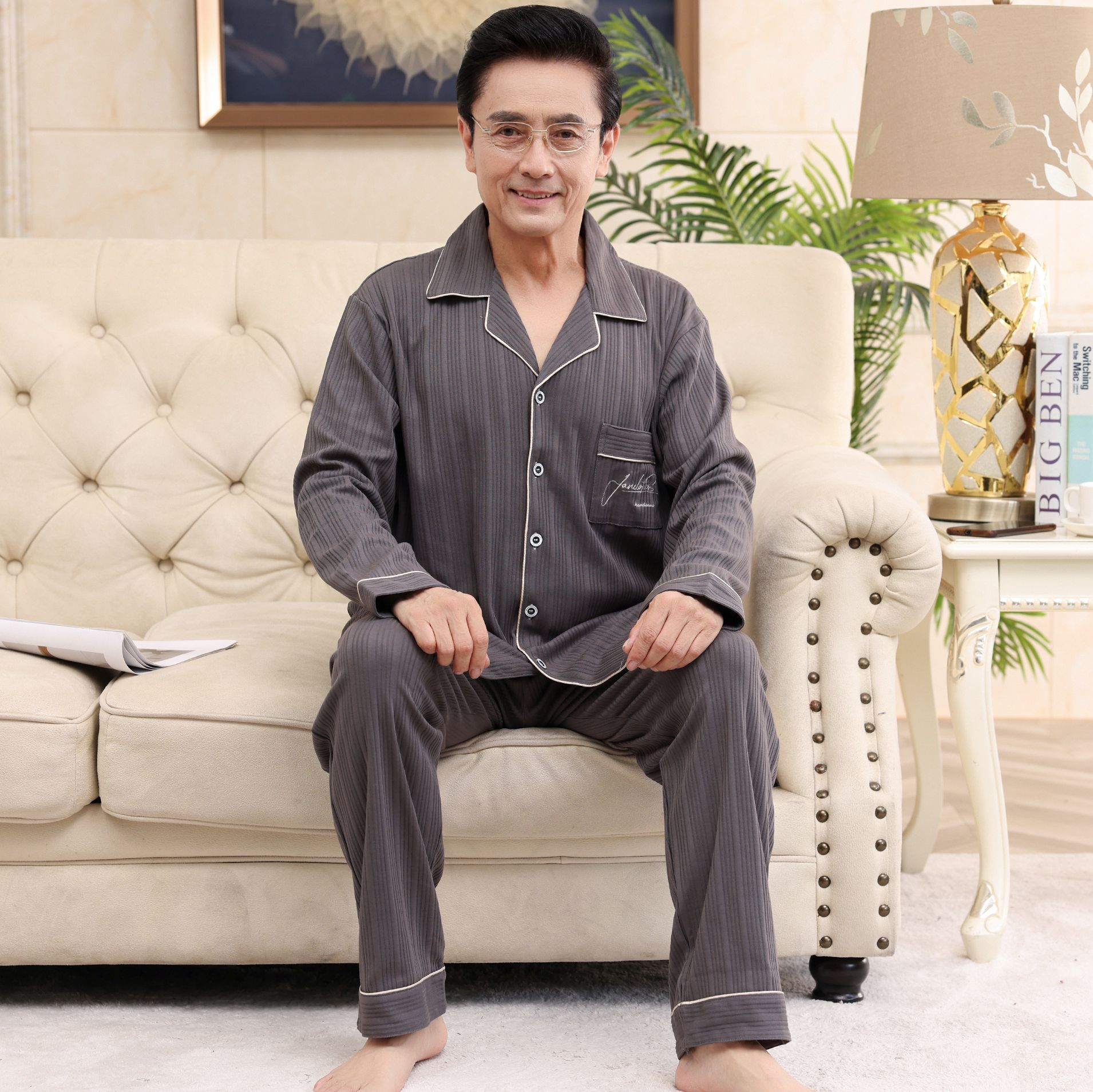 高檔睡衣男士長袖秋冬季開衫棉質中老年爸爸翻領家居服套裝可外穿