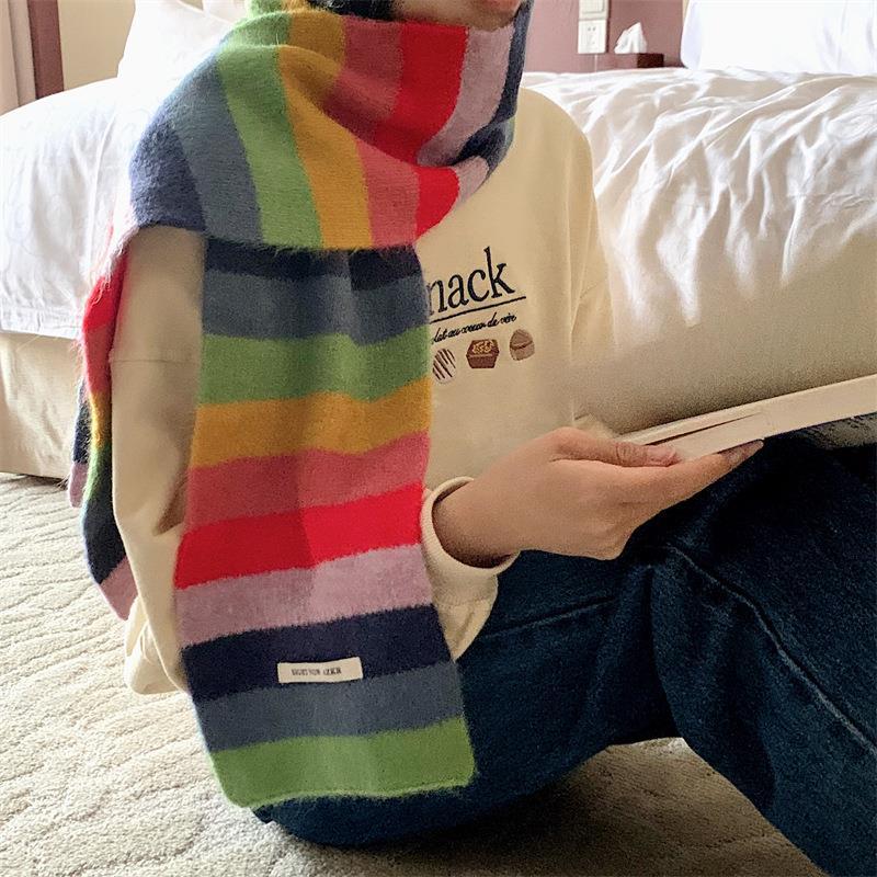 Rainbow Strip Mohair Scarf Women's Winter Korean Color Block Striped Wool Short Neck Student Warm Short Scarf for Men