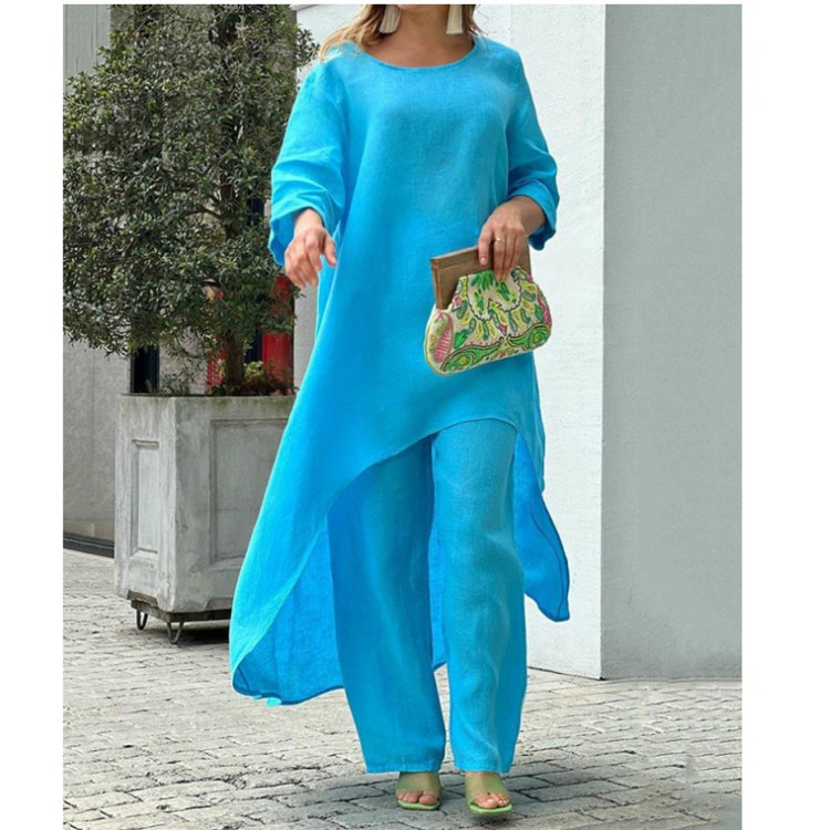 2024 European and American New Women's Cotton and Linen Fashion Casual plus size Irregular Long-sleeved suit Wide-leg Pants Two-piece Set