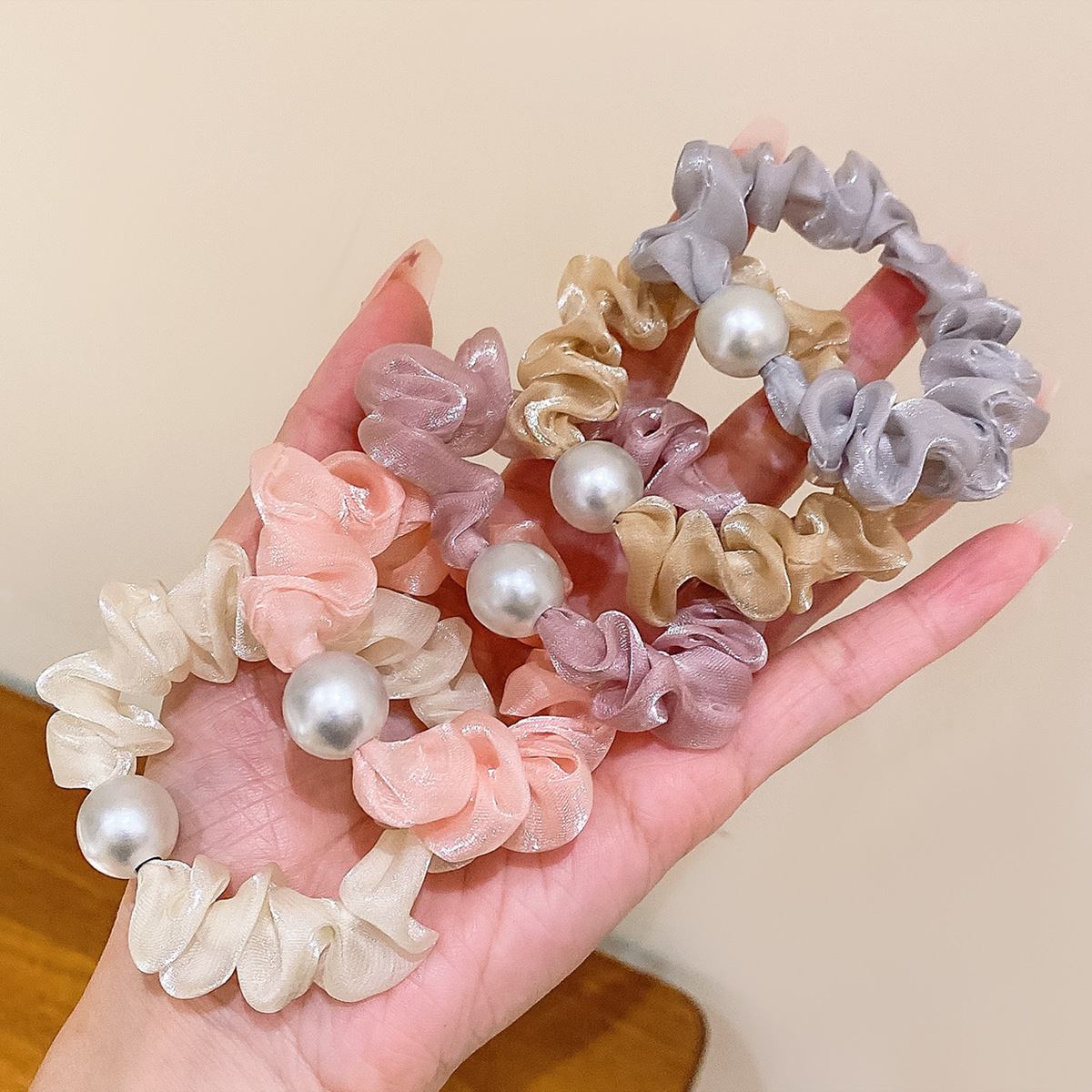 Korean style super fairy organza artificial pearl hair band hair rope high-grade hair accessories tie ball head hair rope rubber band female wholesale