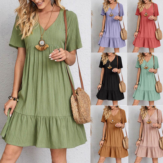 2025 Summer Cross-border Trade European and American Women's Clothing Amazon Skirt Loose Casual Short-sleeved Waist Elegant dress