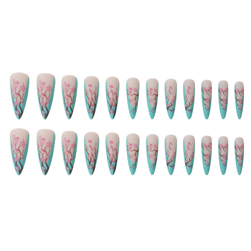 Tiffany Blue Chinese Style Plum Blossom Long Pointed Armor French nail Patch False nail European and American Wear nail