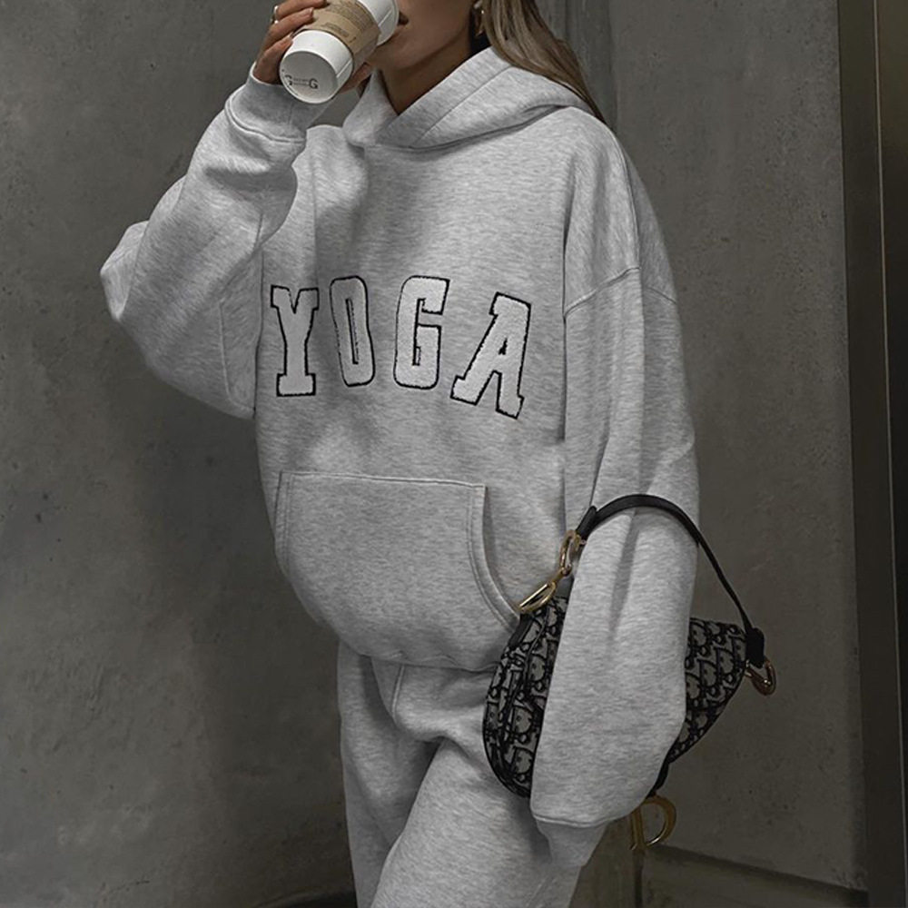 European and American 2023 New Amazon cross-border casual gray embroidered YOGA letter print loose hooded women's sweater