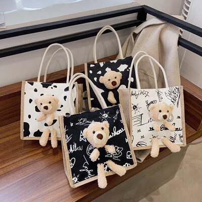 Wholesale 2024 New ins simple fashion cute bear handbag cartoon canvas bag portable fashion cloth bag