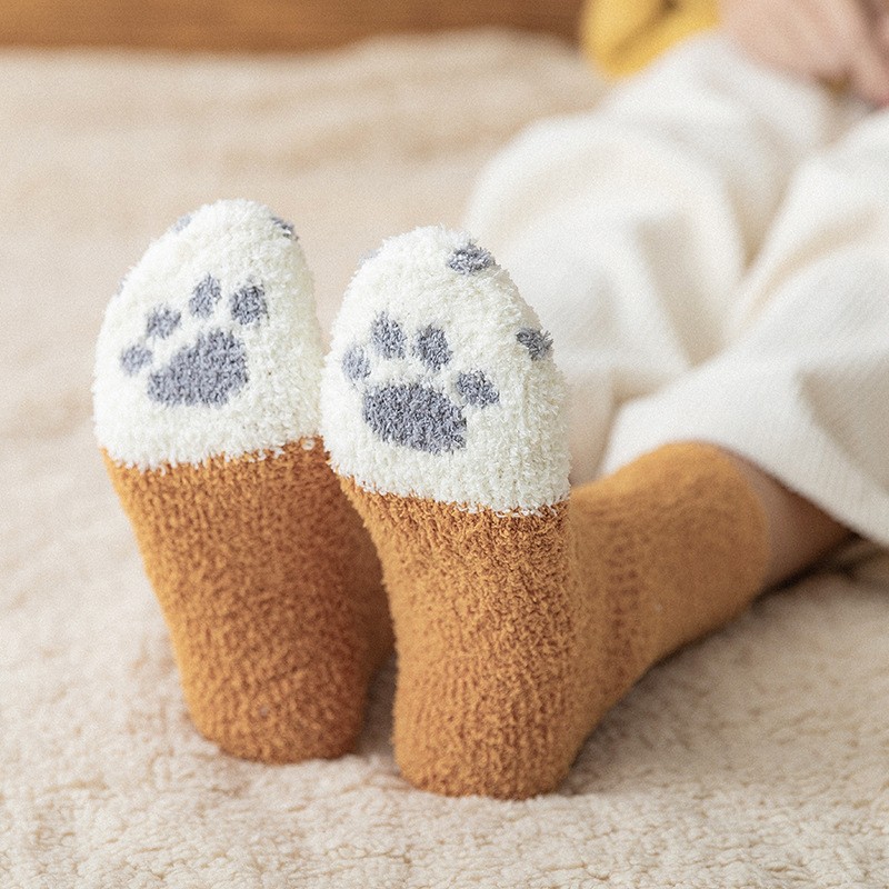 Plush floor cat scratch socks women's autumn and winter plus velvet padded coral fleece tube socks home warm sleep socks