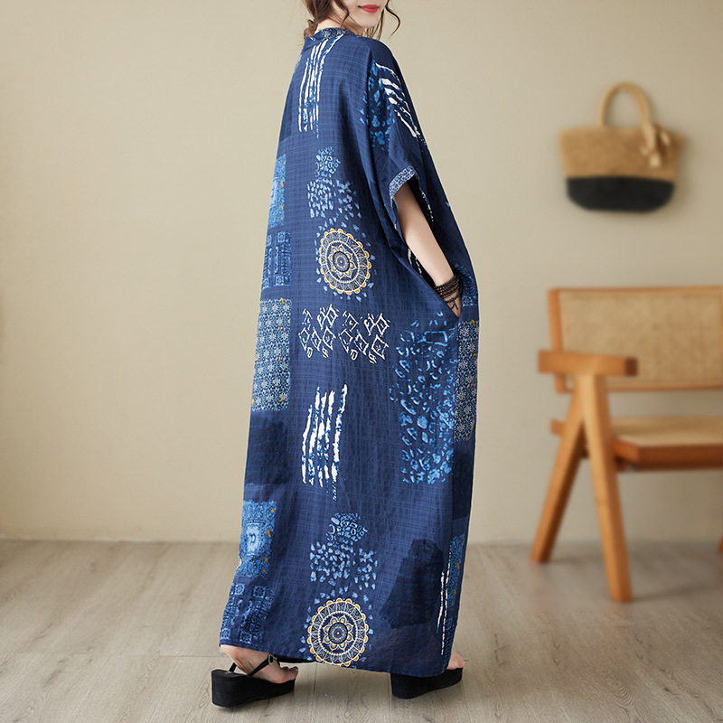 Real Shot 2024 Summer Thin Cotton and Linen Large Size Artistic Retro Loose Vacation V-Neck Beach Dress for Women