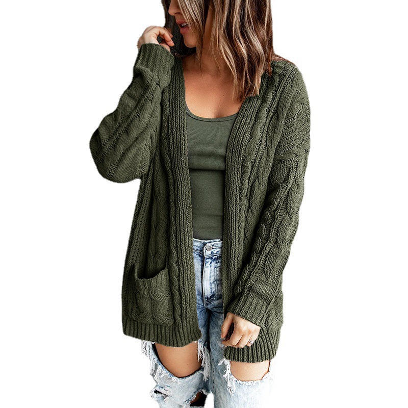 Cross-border Solid Color Pocket Long Twist Knitted Cardigan Jacket for Autumn and Winter 2023 New European and American Pocket Sweater for Women