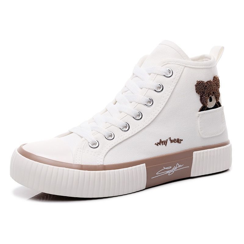 High-top pocket bear canvas shoes women's versatile cute sneakers women's 2023 new autumn niche design sneakers