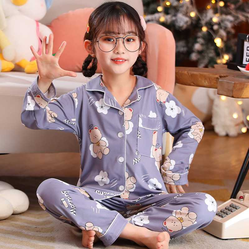 Southeast Asia Spring and Autumn Children's Pajamas Women's Imitation Cotton Cardigan Long Sleeve Cartoon Printed Sweet Home Clothes for Kids