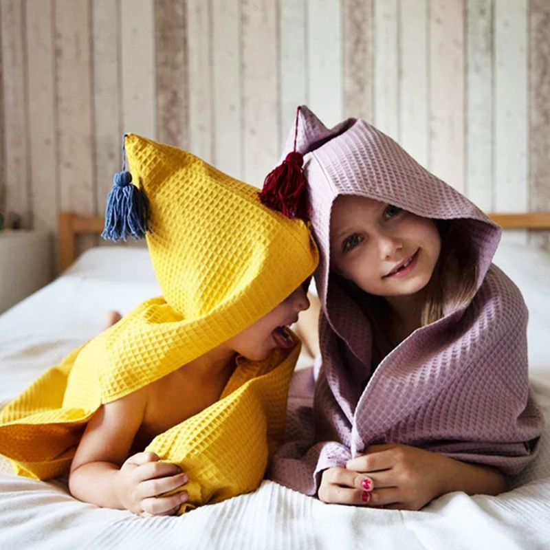 Fashion Solid Color Simple Baby Bath Towel Baby Boys and Girls Hooded Beach Towel Waffle Cotton Absorbent Bath Towel