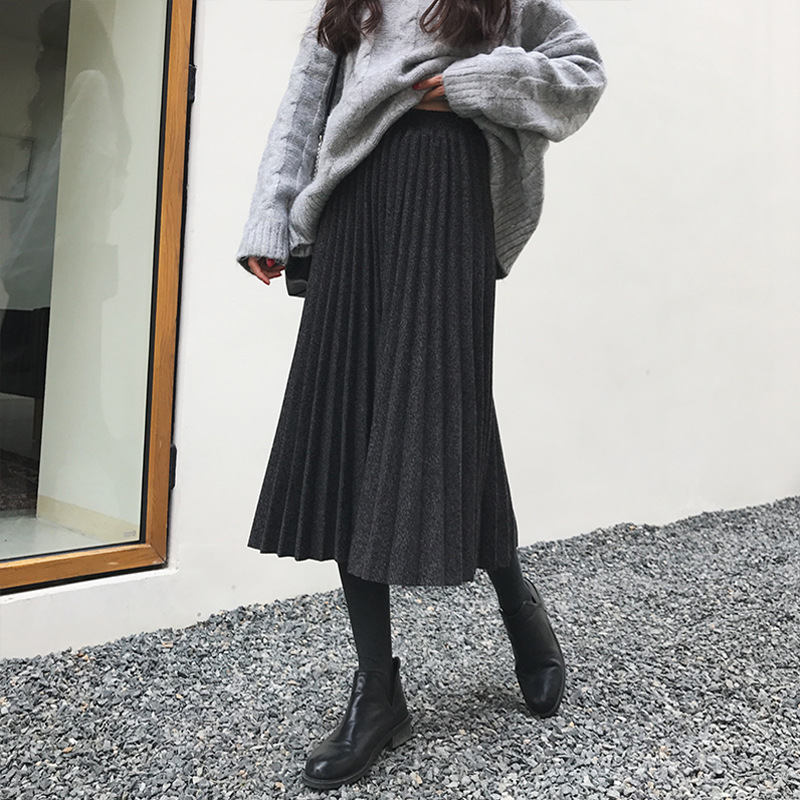 Foreign Trade Amazon 2023 Autumn and Winter Large Size Skirt High Waist Pleated Long Skirt Solid Color Woolen Skirt Swing Skirt