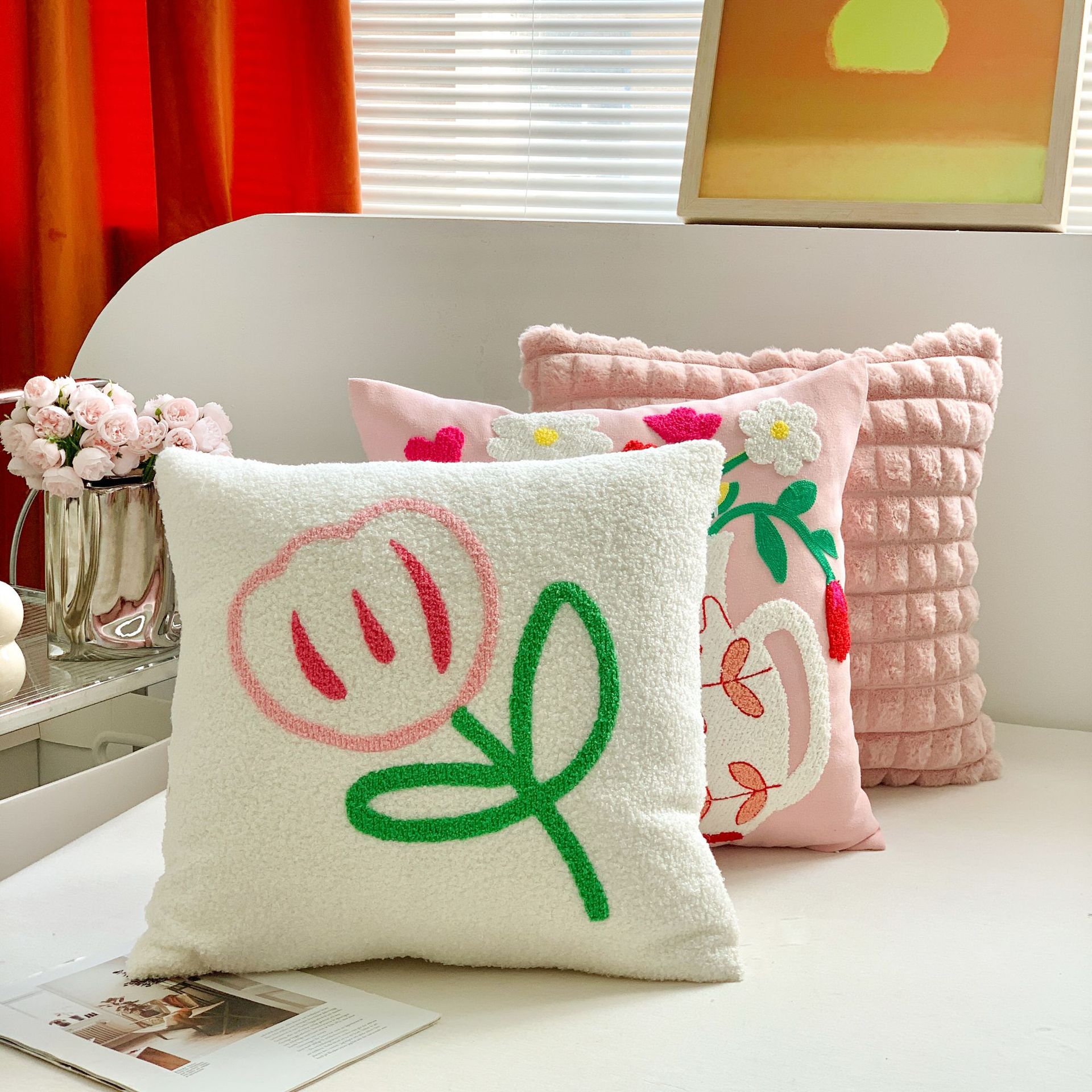 Light Luxury Cream Ins Style Pillow Girl Tulip Plush Pillow Living Room Cute Sofa Pillow Bedroom Cushion