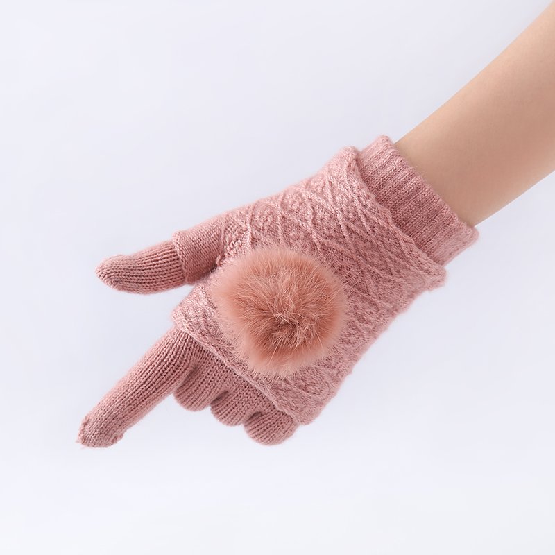 手套女触屏秋冬季防寒保暖针织加厚骑行学生韩版可爱分指毛球手套