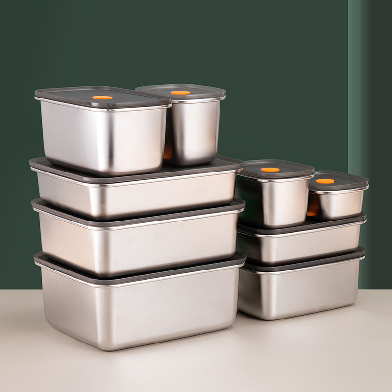 304不锈钢保鲜盒饭盒长方形收纳盒带盖大号食物冻品套装密封盒子