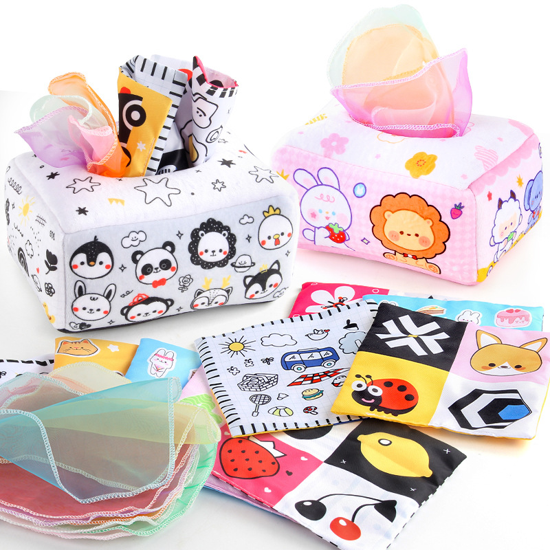 Cross-border baby and toddler tissues box, tear-resistant with sound paper animal black and white baby fabric book tissue box