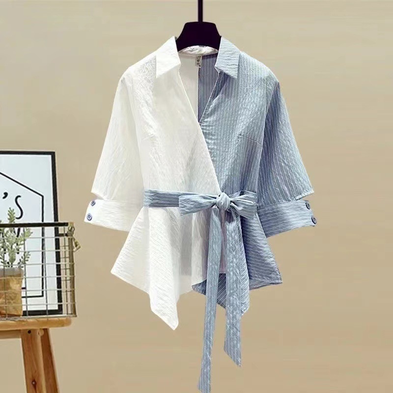 2024 European and American plus size women's clothing spring suit women's stitching fake two-piece shirt Slimming jeans two-piece set