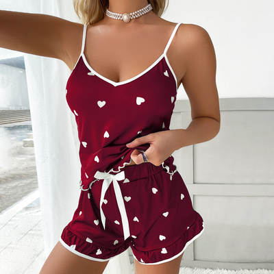 European and American foreign trade ladies Ice Silk summer condole strap home suit soft drape cute printed pajamas wholesale