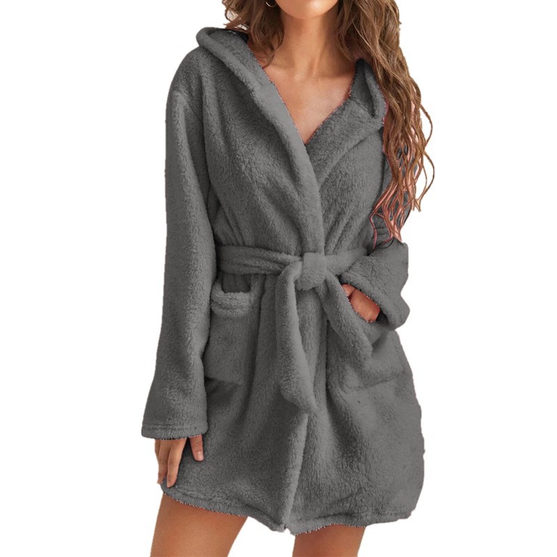 Cross-border Amazon popular European and American women's clothing autumn and winter warm plush lace-up cardigan hooded pocket mid-length coat