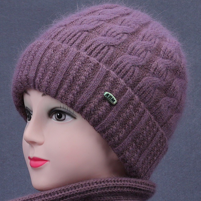 Middle-aged and elderly knitted hat and scarf integrated women's autumn and winter mother's wool hat thickened warm grandma cotton hat wholesale