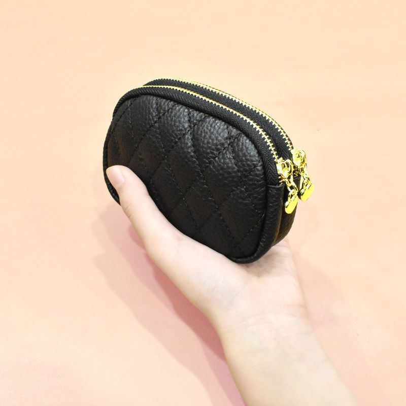 New double-layer zipper vintage diamond car stitching key case coin purse key ring pendant storage bag for women
