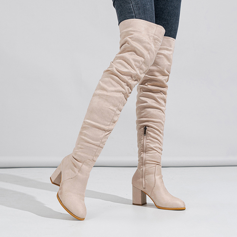 2023 foreign trade new knee-high boots soft natural wrinkled thick heel outdoor street runway women's boots 35-42 yards