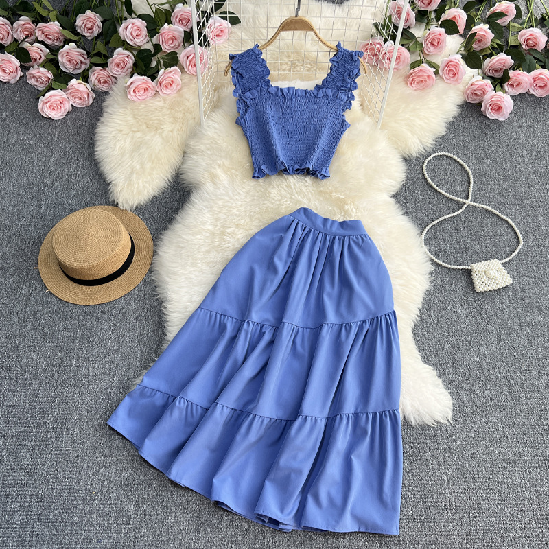 Seaside Holiday Fashion suit women's mid-length high waist A- line cake skirt two-piece western style camisole