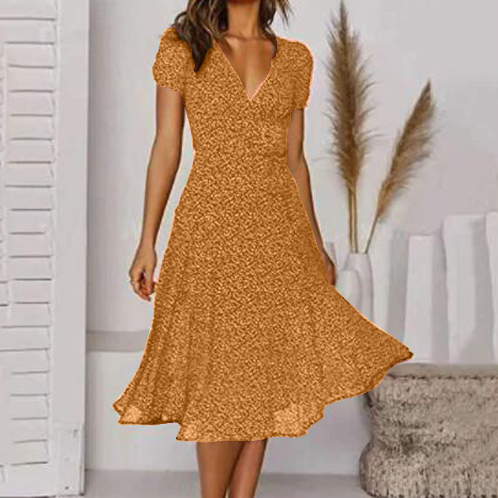2021 spring and summer cross-border women's clothing eaby Amazon popular short sleeve V-neck sexy floral dot print dress
