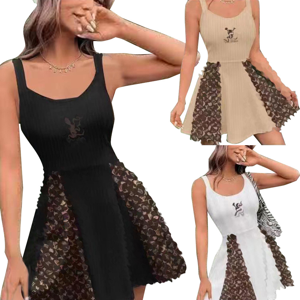 Y71363 European and American Women's Outdoor Summer Sexy Low-cut Cotton Large Pit Embroidered Stitching Dress