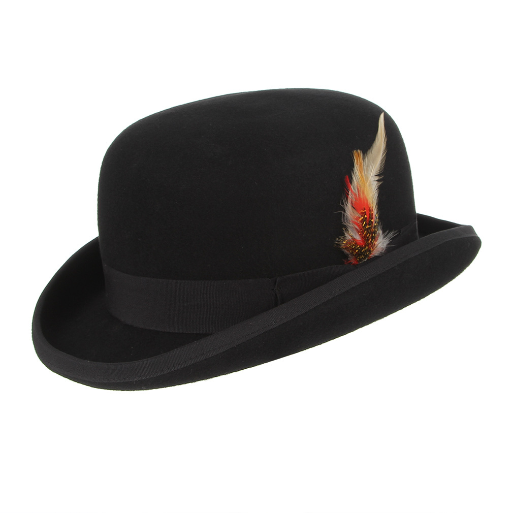 Amazon European and American Men's Hat British Feather Decoration Dome Hat Wool Top Hat Jazz Hat Gentleman Top Hat