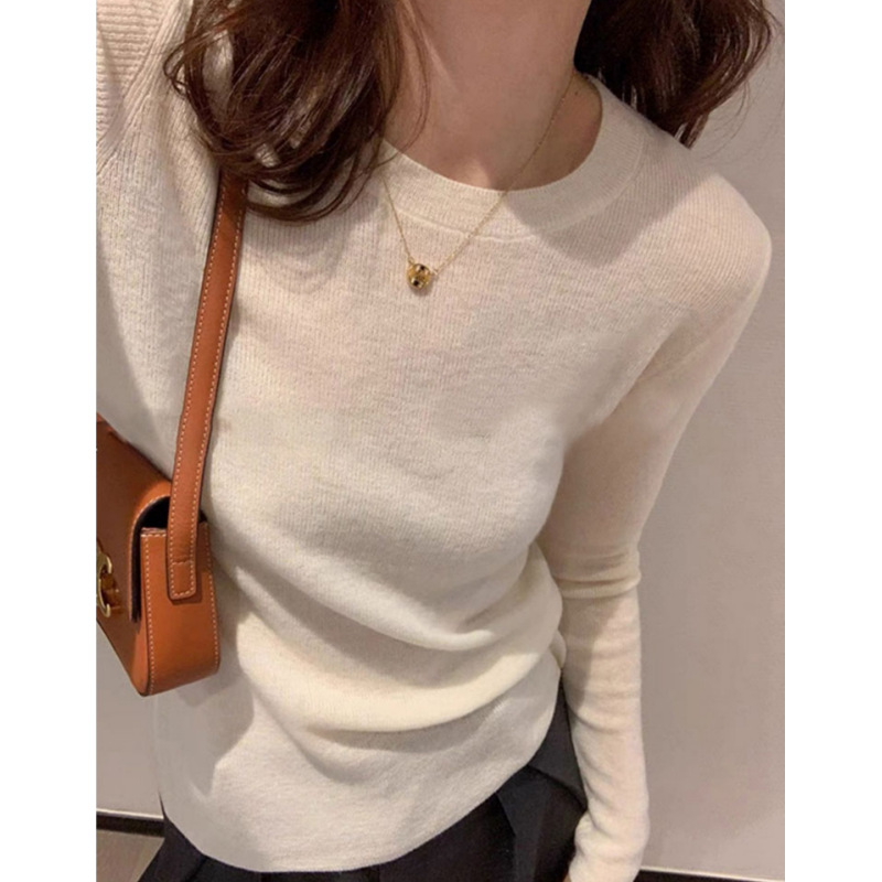 All-Match Thin Round Neck Slim-Fit Knitted Base Shirt Women's Basic Wool Inner Long-Sleeved Pullover Sweater Niche Elegant